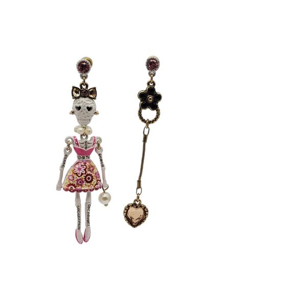 Betsey Johnson Skeleton Earrings Dia de los Muertos Pink Heart 3" Drop Dangle - Picture 8 of 8